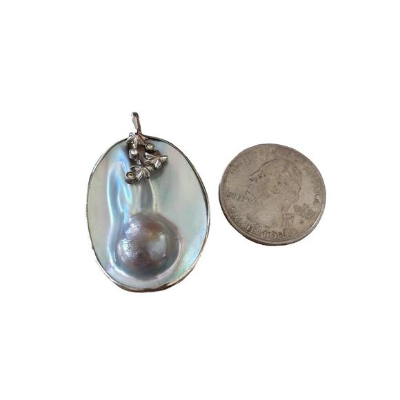Vtg Mabe Blister Cultured Pearl & Silver Pendant 1.5"x1" - Picture 5 of 7